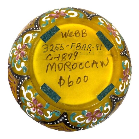 Antique Webb Moroccan Yellow Glass Vase Set Hand-Painted Floral Glows Orange - Picture 6 of 13